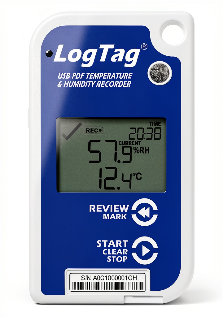 LogTag UHADO-16 data logger displaying temperature and humidity readings on a desk