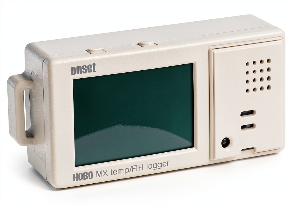HOBO MX1101 data logger displaying temperature and humidity readings on LCD screen