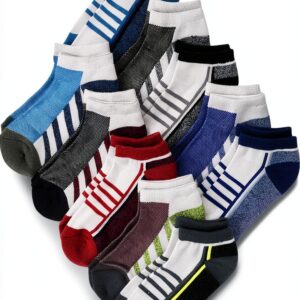 Boys Ankle Socks 10 Pack Cushioned Arch Colorblock Design-0