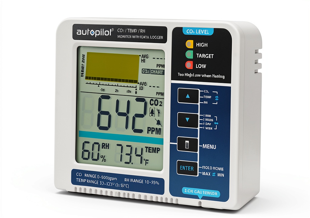 Hydrofarm CO2 Monitor displaying real-time data on a greenhouse table