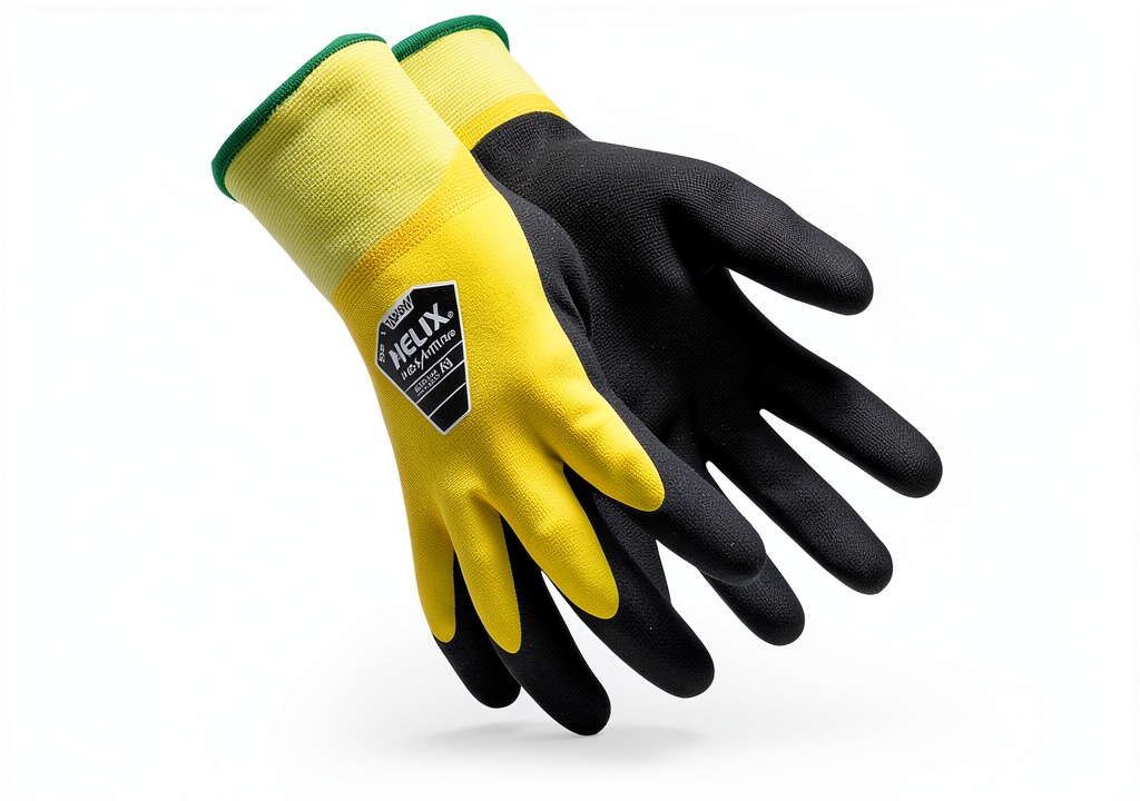 Helix work gloves showing cut resistance and liquid protection features