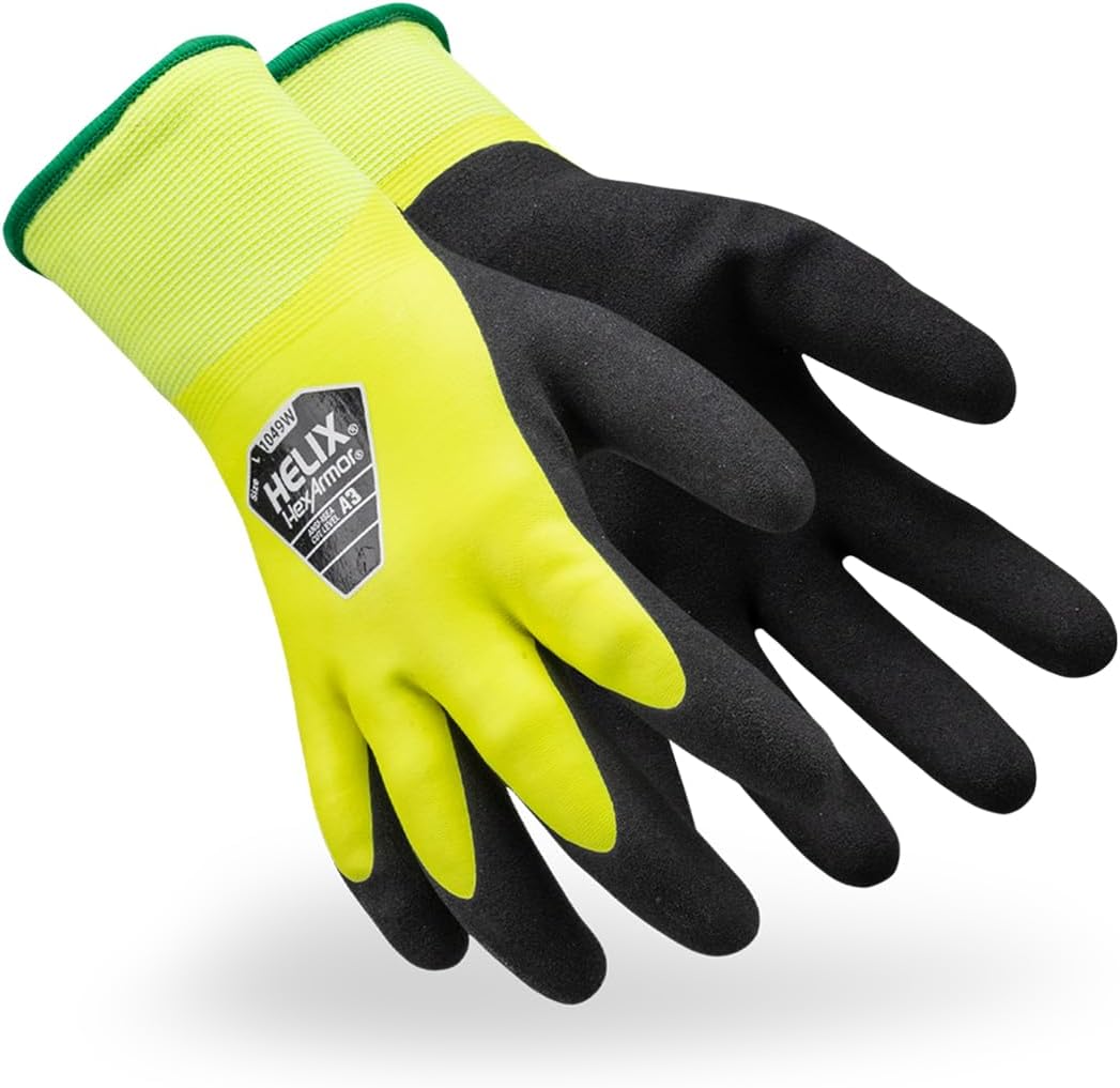 Helix work gloves showing liquid resistance and grip features