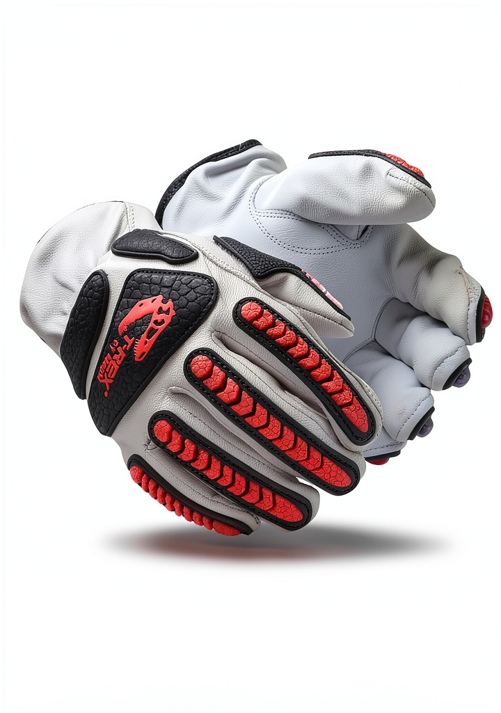 MAGID leather gloves showing impact protection features on a workbench